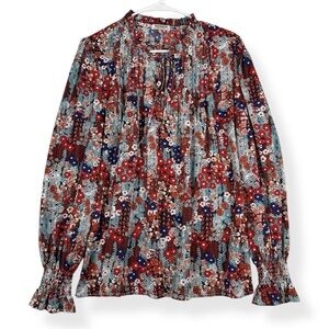 HOTOUCH Peasant Blouse Womens XL Long Sleeve Ruffle Keyhole Neck Boho Floral